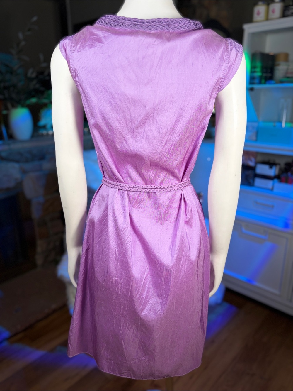 Calypso St. Barth Lilac 100% Silk Cap Sleeve Frog Clasp Front Belted Dress, Sz S - Picture 6 of 14